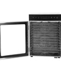 Premium Electric Food Dehydrator With Slick Dual Fan Heating On 12 Heavy Duty Stainless Steel Trays, open door view.