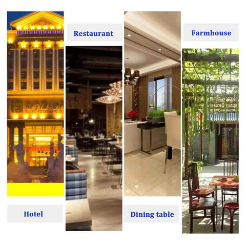 Composite image of a hotel, restaurant interior, dining table setup, and farmhouse garden scene