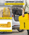Heavy Duty Flood Barrier Kit With 24ft Water Barrier Tubes shown folded and ready for easy transport near a vehicle trunk