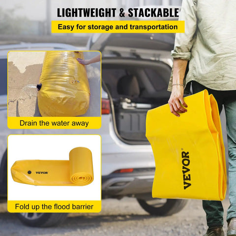 Heavy Duty Flood Barrier Kit With 24ft Water Barrier Tubes shown folded and ready for easy transport near a vehicle trunk