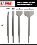 Durable SDS Plus 4 Piece Chisel Set For Hammer Drills With Thinset Scraping Bit Three Inch By Ten Inch Point Chisel Flat Chisel And Wide Chisel Tough As Nails Built To Last For Tile Removal And Masonry, showing four chisels: point, 3/4 inch flat, 2 inch flat, and 3 inch wide.