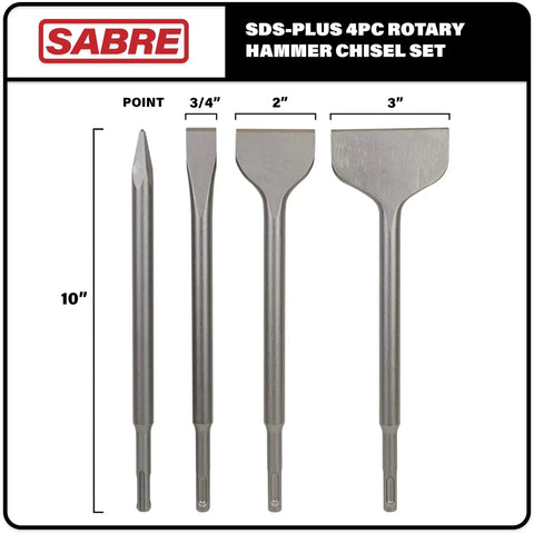 Durable SDS Plus 4 Piece Chisel Set For Hammer Drills With Thinset Scraping Bit Three Inch By Ten Inch Point Chisel Flat Chisel And Wide Chisel Tough As Nails Built To Last For Tile Removal And Masonry, showing four chisels: point, 3/4 inch flat, 2 inch flat, and 3 inch wide.