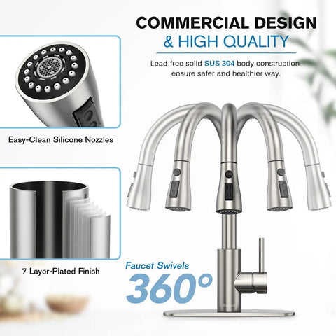 Pull Down Sprayer Kitchen Faucet With High Arc And Single Handle, Brushed Nickel Finish, features easy-clean nozzles and 360° swivel.