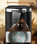Two Way Single Serve Coffee Maker For Pods Or Ground Coffee, Quick Brew In 6 To 14 Ounce Sizes, 40 Ounce Removable Water Tank, displayed with scale removal feature in kitchen setting.