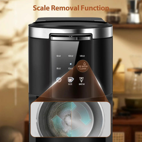 Two Way Single Serve Coffee Maker For Pods Or Ground Coffee, Quick Brew In 6 To 14 Ounce Sizes, 40 Ounce Removable Water Tank, displayed with scale removal feature in kitchen setting.
