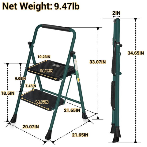 Compact Folding Step Ladder With Wide Anti Slip Pedals, Lightweight Steel Step Stool, 2 Steps, Handgrip, Green, dimensions shown