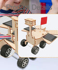 Wooden Solar Powered Mars Rover Kit with solar panels and wheels, designed for DIY engineers and educational STEM projects for kids.