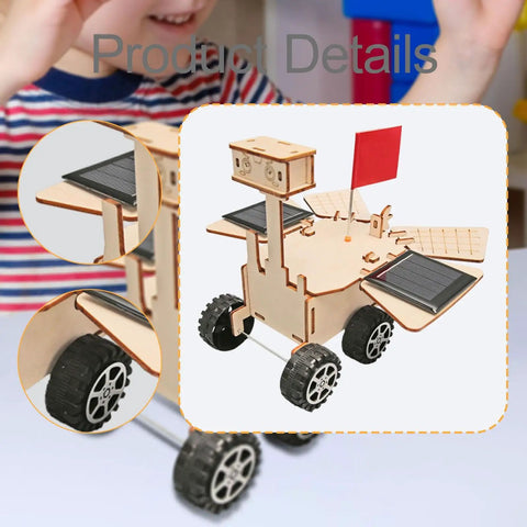 Wooden Solar Powered Mars Rover Kit with solar panels and wheels, designed for DIY engineers and educational STEM projects for kids.