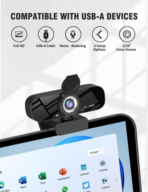 Top Shelf 1080P Webcam With Crisp Built In Microphone And Wide Angle Lens Includes Adjustably Rotatable Tripod And Flip Privacy Cover No Sweat Plug And Play For Streaming Gaming On PC Laptop mounted on monitor