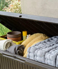 Open Springwood 80 Gallon Resin Outdoor Storage Box for Patio Cushions, Pool Toys, and Garden Tools with Heavy Duty Handles