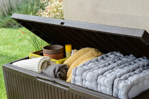 Open Springwood 80 Gallon Resin Outdoor Storage Box for Patio Cushions, Pool Toys, and Garden Tools with Heavy Duty Handles