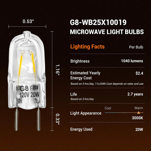 Over The Range Microwave Light Bulbs 20W G8 BiPin Base detailed view with dimensions and lighting facts on black background