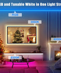 RGBWW Smart LED Strip Lights 32.8ft Tunable White 3000K to 6500K Plus RGB WiFi color strip illuminating a living room scene.