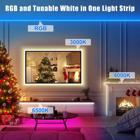 RGBWW Smart LED Strip Lights 32.8ft Tunable White 3000K to 6500K Plus RGB WiFi color strip illuminating a living room scene.