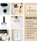Horizontal Wall Outlet Shelf With Cord Storage Strap for Charging Stations, featuring home devices in use, wall mounted, white.