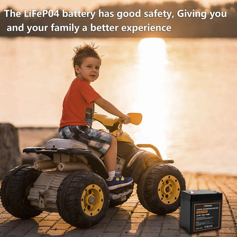 Child riding toy car powered by 12V 5Ah LiFePO4 Deep Cycle Battery With Built In 6A BMS For Solar Power, Lighting, Fish Finder And More