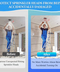 Before and after showing a man installing the 8 Pack Red 1/2 Inch Fire Sprinkler Head Guard Cage Protector Shield.