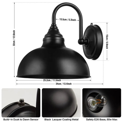 Diagram of Gooseneck Barn Light Outdoor With Sensor Dusk To Dawn Farmhouse Wall Sconce, highlighting its dimensions and details.