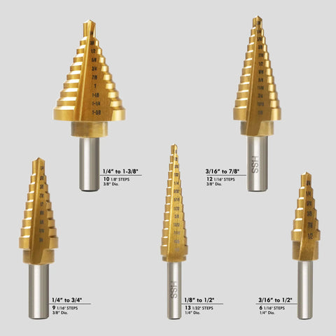 Set of 5 titanium-coated step drill bits with multiple sizes for sheet metal and aluminum DIY projects, includes center punch.