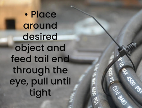 Top Shelf 8 Inch Push Mount Nylon Cable Ties With Slick Fir Tree Tips For Indoor And Outdoor Wiring UV Resistant Black Fasteners securing hoses on a job site.
