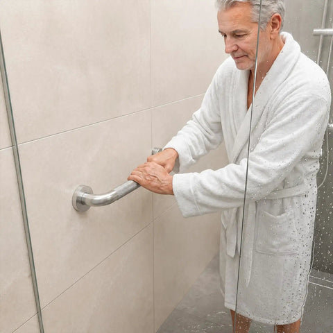 Elderly man using the Super Sturdy 24 Inch Stainless Steel Shower Grab Bar for support in shower.