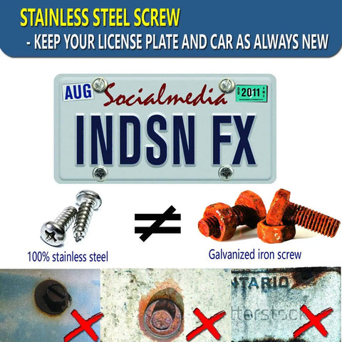 Image comparing Stainless Steel License Plate Screws Kit to rusty galvanized iron screws, showcasing rust proof and corrosion resistant qualities.