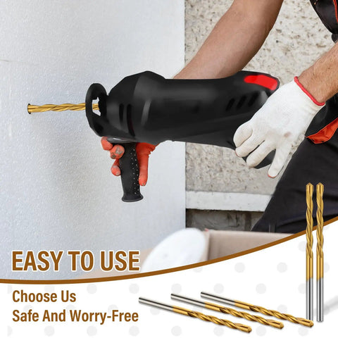 Person using 50 Piece Drywall Cutting Bits 1/8 Inch Shank Titanium Nitride Coated High Speed Steel Tips tool on wall