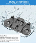 Upgraded Rust-Resistant Lower Rack Dishwasher Wheels Set with water splash, four-pack view showing sturdy construction