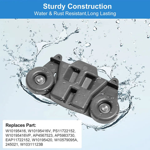 Upgraded Rust-Resistant Lower Rack Dishwasher Wheels Set with water splash, four-pack view showing sturdy construction
