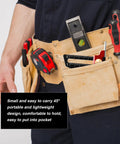 Person wearing tool belt with a measuring tape, level, and screwdrivers visible.