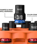 Grab And Go Impact Socket Set With Sleeve And Carabiner, SAE Seven Piece, 3/8 inch drive, color coded socket for quick use