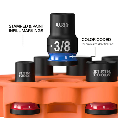 Grab And Go Impact Socket Set With Sleeve And Carabiner, SAE Seven Piece, 3/8 inch drive, color coded socket for quick use