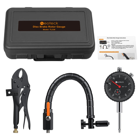 Front view of Neoteck disc brake rotor gauge set in a black case with dial gauge, flexible arm, and locking plier