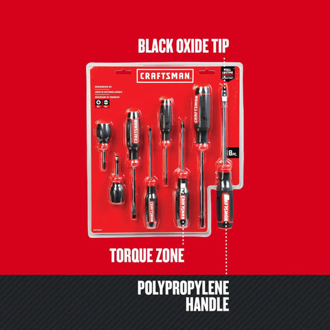 Bi-Material Eight Piece Screwdriver Set With Durable Black Oxide Tips in packaging on red background.