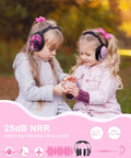 Two children wearing Kids Ear Protection 2 Pack Adjustable Noise Reduction Earmuffs in Nebula and Unicorn colors sitting outdoors.