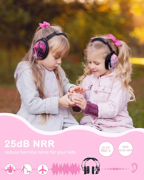 Two children wearing Kids Ear Protection 2 Pack Adjustable Noise Reduction Earmuffs in Nebula and Unicorn colors sitting outdoors.