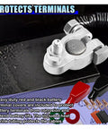 Heavy Duty Car And Marine Battery Terminal Connector Kit With Pure Copper Clamps showing terminal covers and heat shrink tubing.