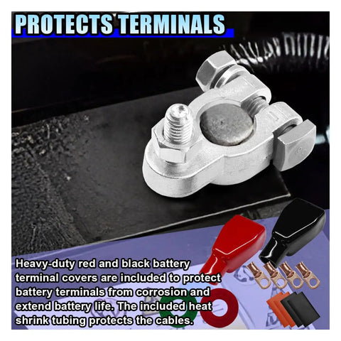 Heavy Duty Car And Marine Battery Terminal Connector Kit With Pure Copper Clamps showing terminal covers and heat shrink tubing.