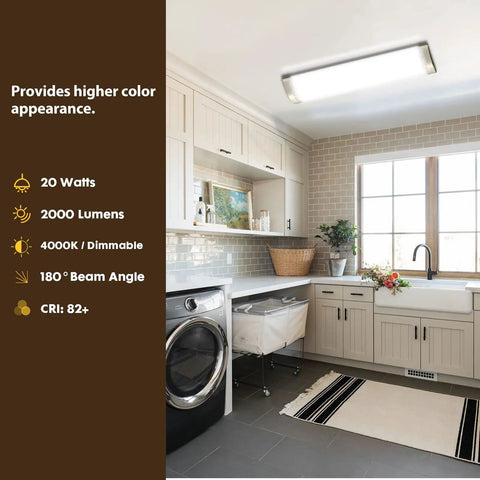 Dimmable 2 Foot LED Flush Mount Ceiling Light 20W 2200lm Cool White 4000K Kitchen Fixture in modern kitchen setting.