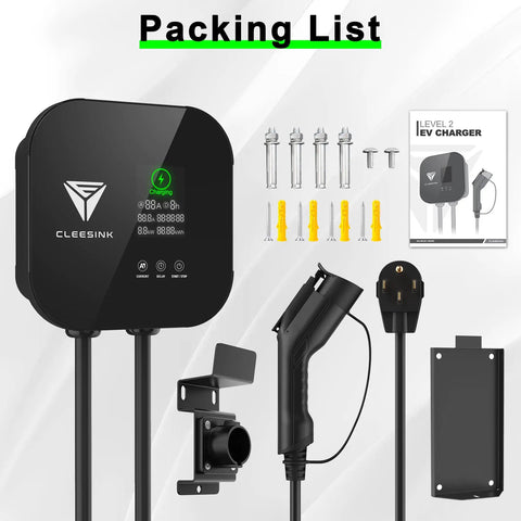 Level 2 EV Charger With 40A 240V Output And NEMA 14-50 Plug, includes charging unit, mounting bracket, cable, and instructions.