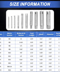 Tap Extractor Set 3 4 Flute Steel Broken Head Taps Remover for Damaged Taps and Bolts, size chart showing 10 piece kit specifications