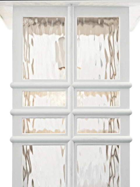 Close-up of white Beacon Square Outdoor Wall Light frame with clear hammered glass panels in Craftsman style.