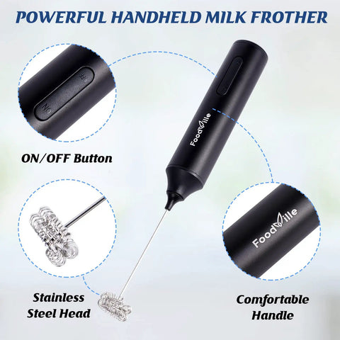 Rechargeable Milk Frother Handheld Foam Maker With USB Type C Charging Stainless Balloon Whisk For Cappuccino Latte Bulletproof Coffee Keto Diet Protein Powder And Matcha Black with black handle and stainless steel head