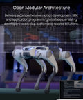 Lite 3 Basic AI Quadruped Robot Platform For Robotics Developers And Researchers Featuring Dope Mobility And AI Driven Motion Control For Algorithm Testing And Real World Robotic Application Development, white quadruped robot on display