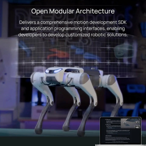 Lite 3 Basic AI Quadruped Robot Platform For Robotics Developers And Researchers Featuring Dope Mobility And AI Driven Motion Control For Algorithm Testing And Real World Robotic Application Development, white quadruped robot on display