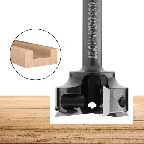 Close-up of Heavy Duty CNC Router Spoilboard Flattening Bit With Replaceable Carbide Insert Blades Quarter Inch Shank.