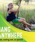 Girl smiling on Disco Tree Swing For Backyard Fun Three In One Swing Set For Kids Sit Stand Or Hang Easy Installation