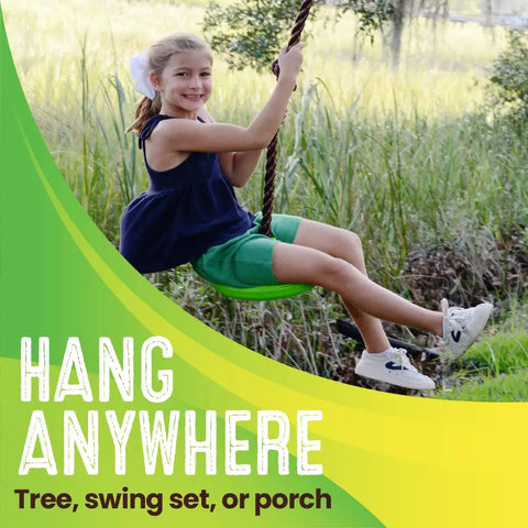 Girl smiling on Disco Tree Swing For Backyard Fun Three In One Swing Set For Kids Sit Stand Or Hang Easy Installation