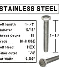 Heavy Duty Stainless Steel 5/16-18 Hex Head Screws Bolts Kit 1-1/2 Inch details and measurements shown in product image