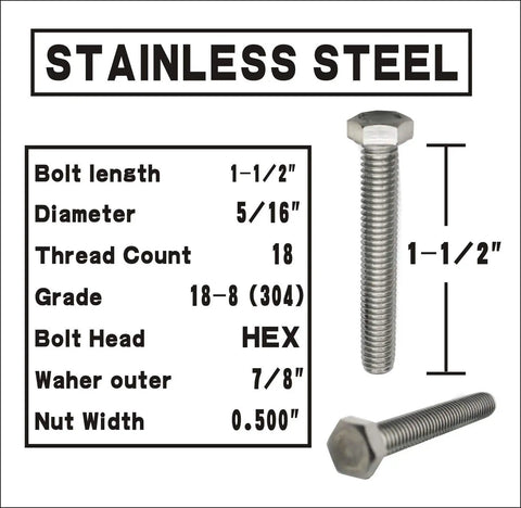 Heavy Duty Stainless Steel 5/16-18 Hex Head Screws Bolts Kit 1-1/2 Inch details and measurements shown in product image